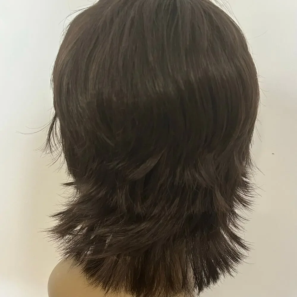 Dark Brown Short Layered Shag Wig Side Swept Bangs Feathered Flip Style male